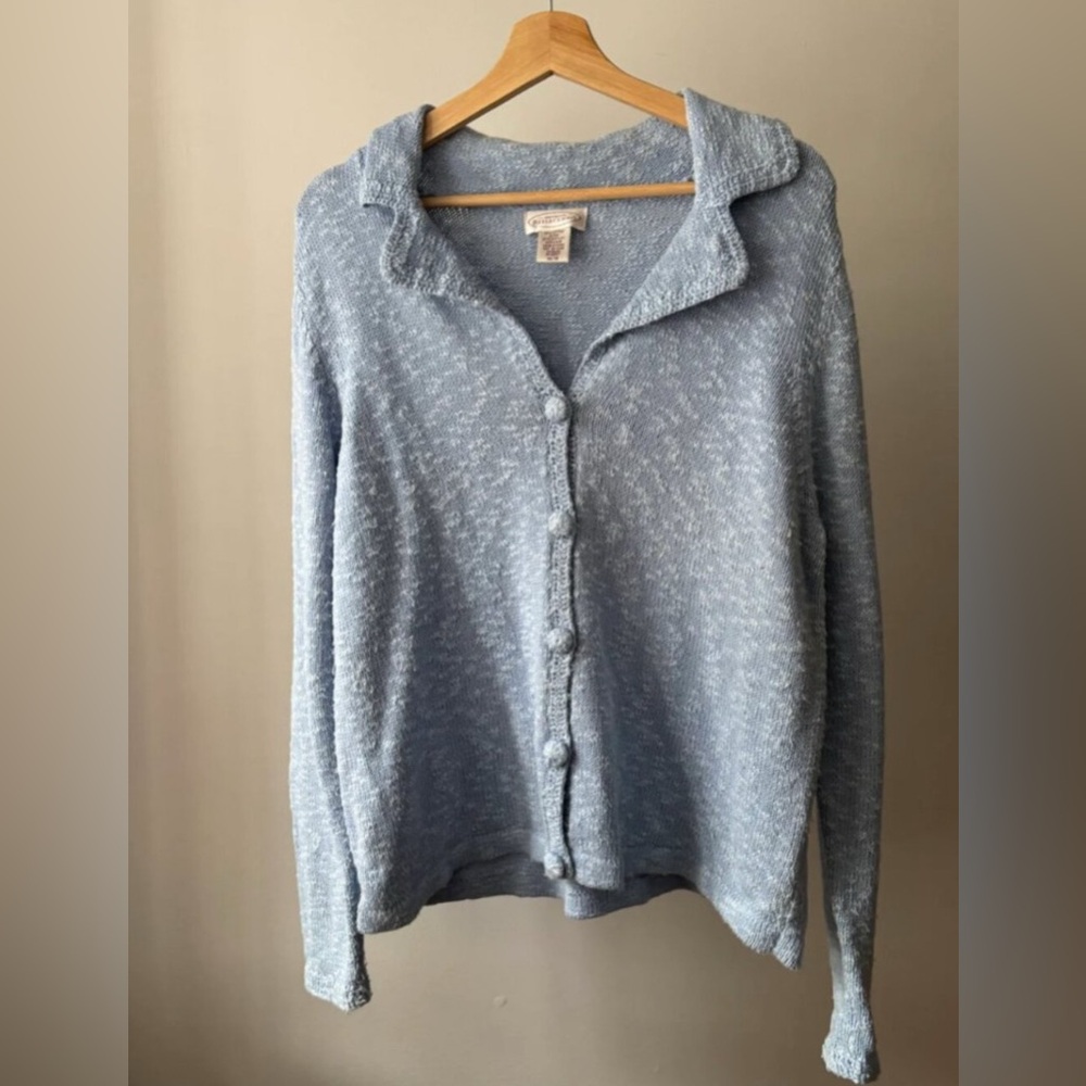 Y2K Soft Blue Speckled Cotton Cardigan | Vintage Collared Sweater